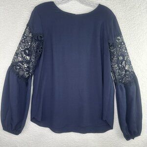 Ann Taylor Blouse‎ Womens Small Navy Blue Lace Sleeve Sheer Top Elegant Dressy